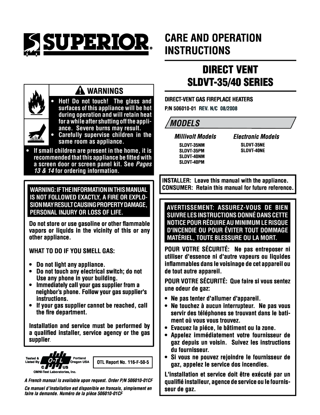 TOA Electronics SLDVT-40 manual care and operation instructions DIRECT VENT, SLDVT-35/40SERIES, Models, Warnings 