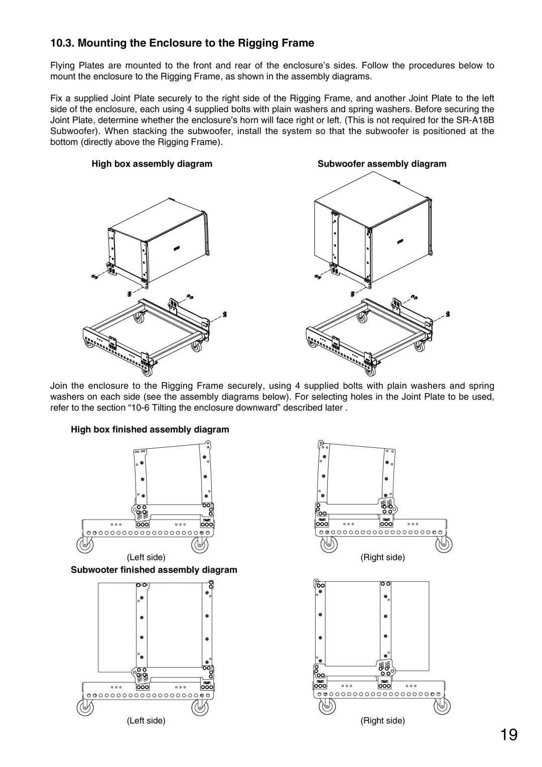 TOA Electronics SR-A12SWP, SR-RF12 Mounting the Enclosure to the Rigging Frame, Subwooter finished assembly diagram 