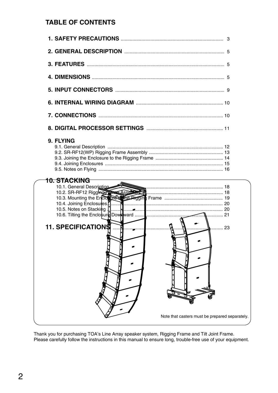 TOA Electronics SR-A18B, SR-A12SWP, SR-RF12Wp, SR-A12LWP, SR-TP12 operating instructions Table of Contents, Stacking 