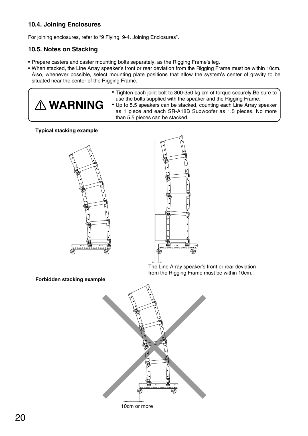 TOA Electronics SR-RF12Wp, SR-A18B, SR-A12SWP, SR-A12LWP, SR-TP12 Typical stacking example, Forbidden stacking example 