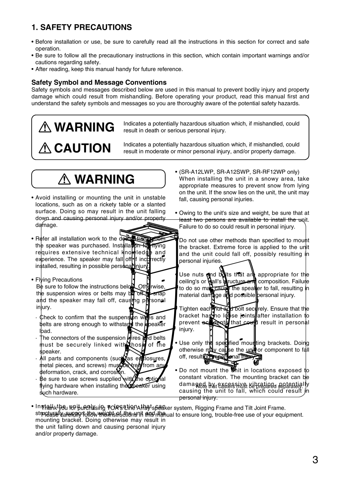 TOA Electronics SR-A12SWP, SR-A18B, SR-RF12Wp, SR-A12LWP Safety Precautions, Safety Symbol and Message Conventions 