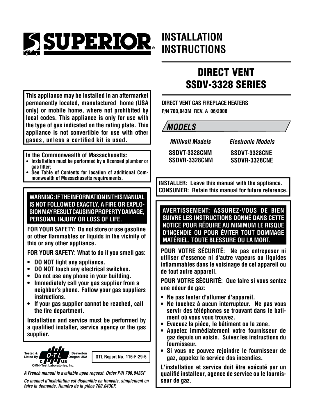 TOA Electronics SSDV-3328 installation instructions 700,043M REV. a 06/2008, OTL Report No -F-29-5 