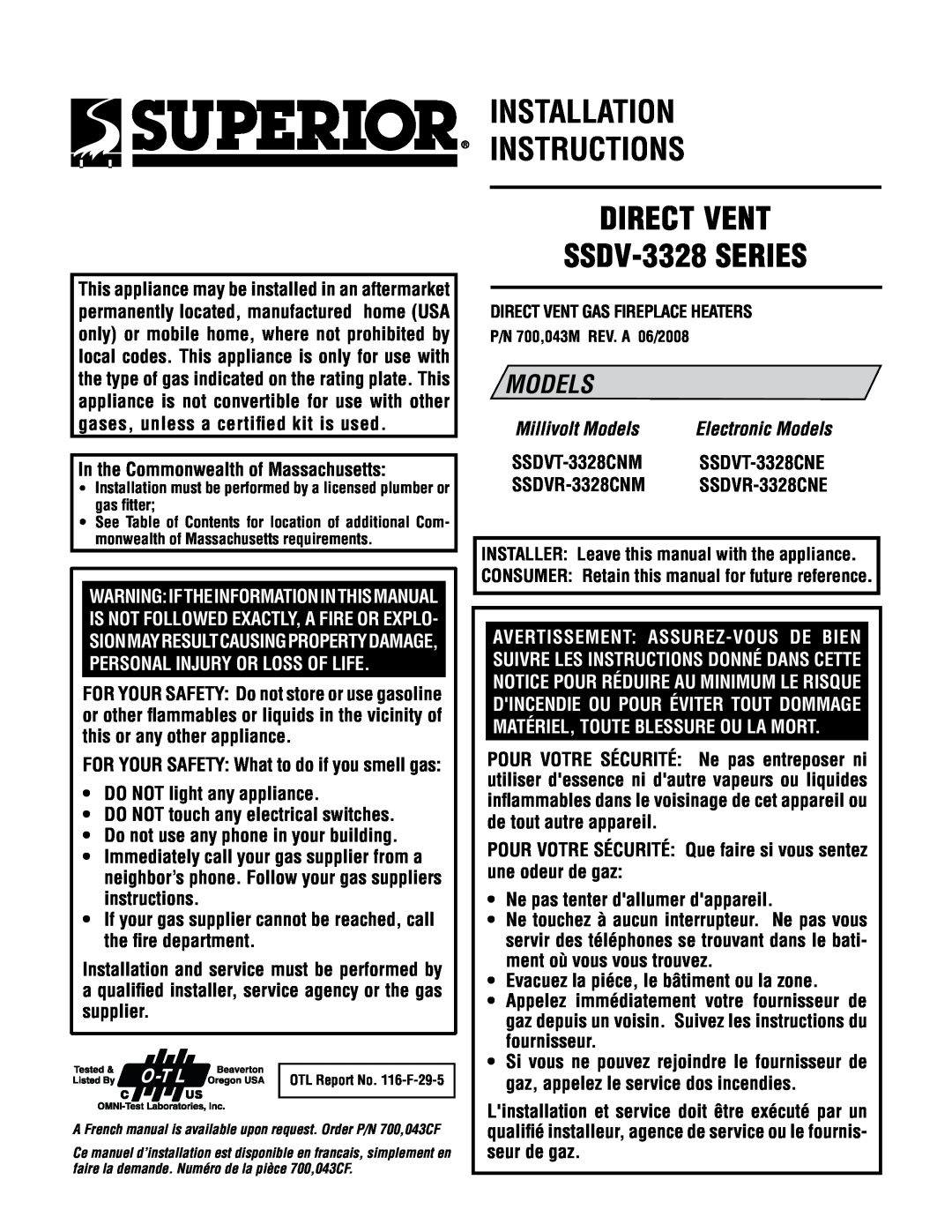 TOA Electronics installation instructions INSTALLATION INSTRUCTIONS DIRECT VENT SSDV-3328 SERIES, Models 