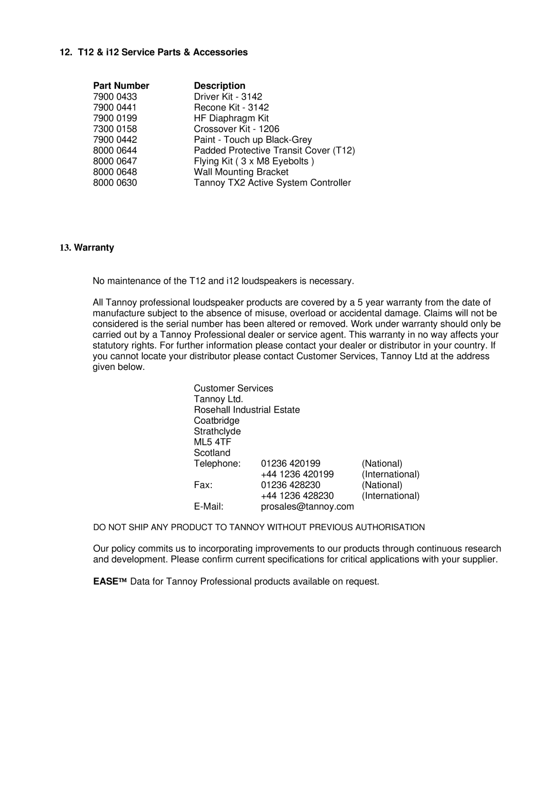 TOA Electronics i12, T12 user manual Warranty, ML5 4TF 