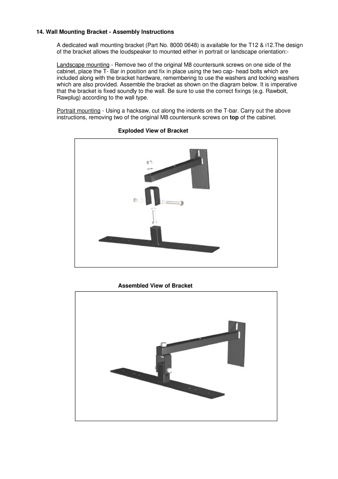 TOA Electronics T12, i12 Wall Mounting Bracket Assembly Instructions, Exploded View of Bracket Assembled View of Bracket 