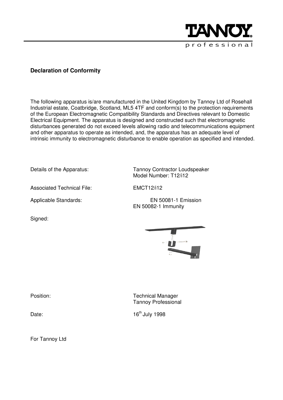 TOA Electronics i12, T12 user manual Declaration of Conformity 