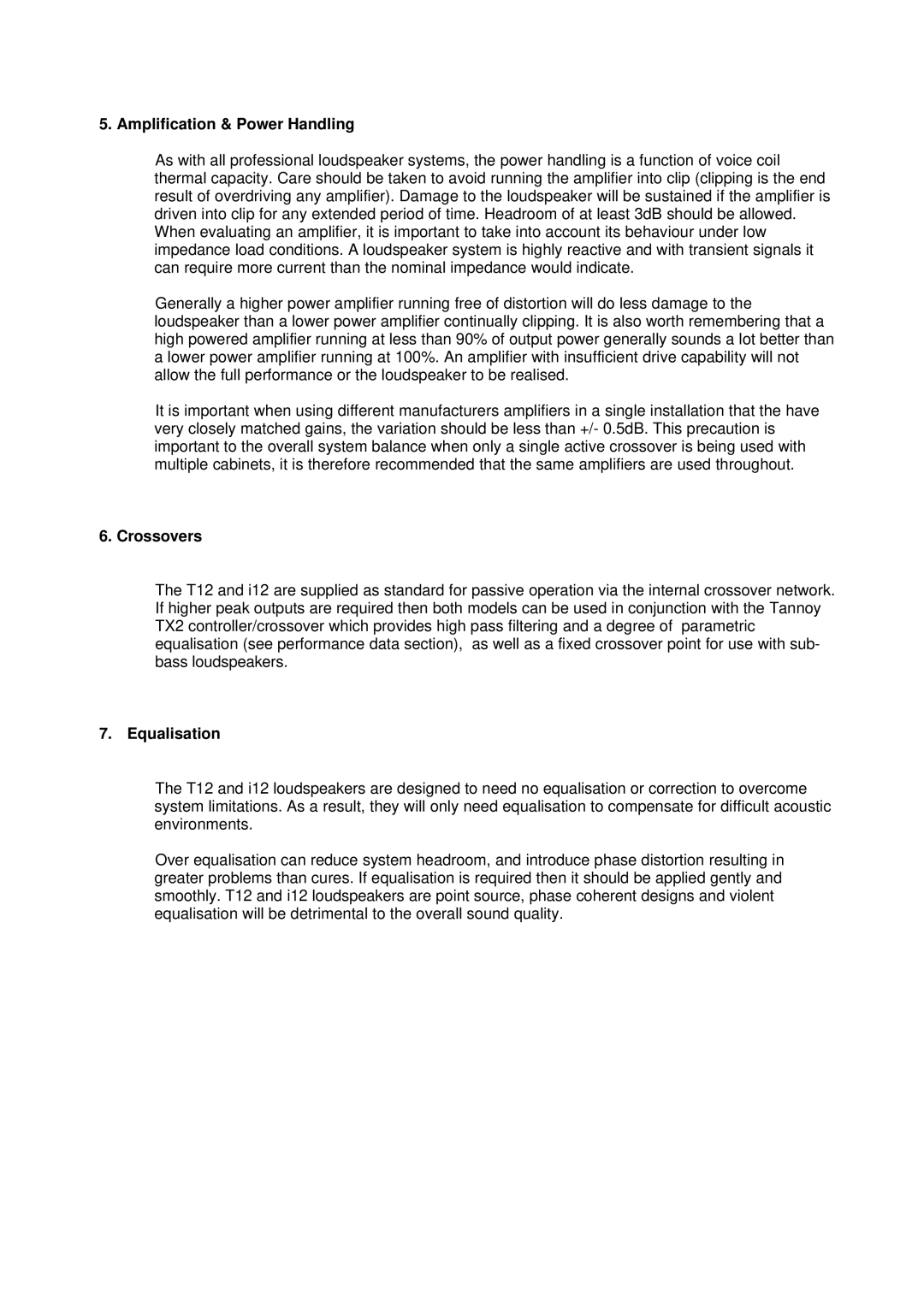 TOA Electronics T12, i12 user manual Amplification & Power Handling, Crossovers, Equalisation 