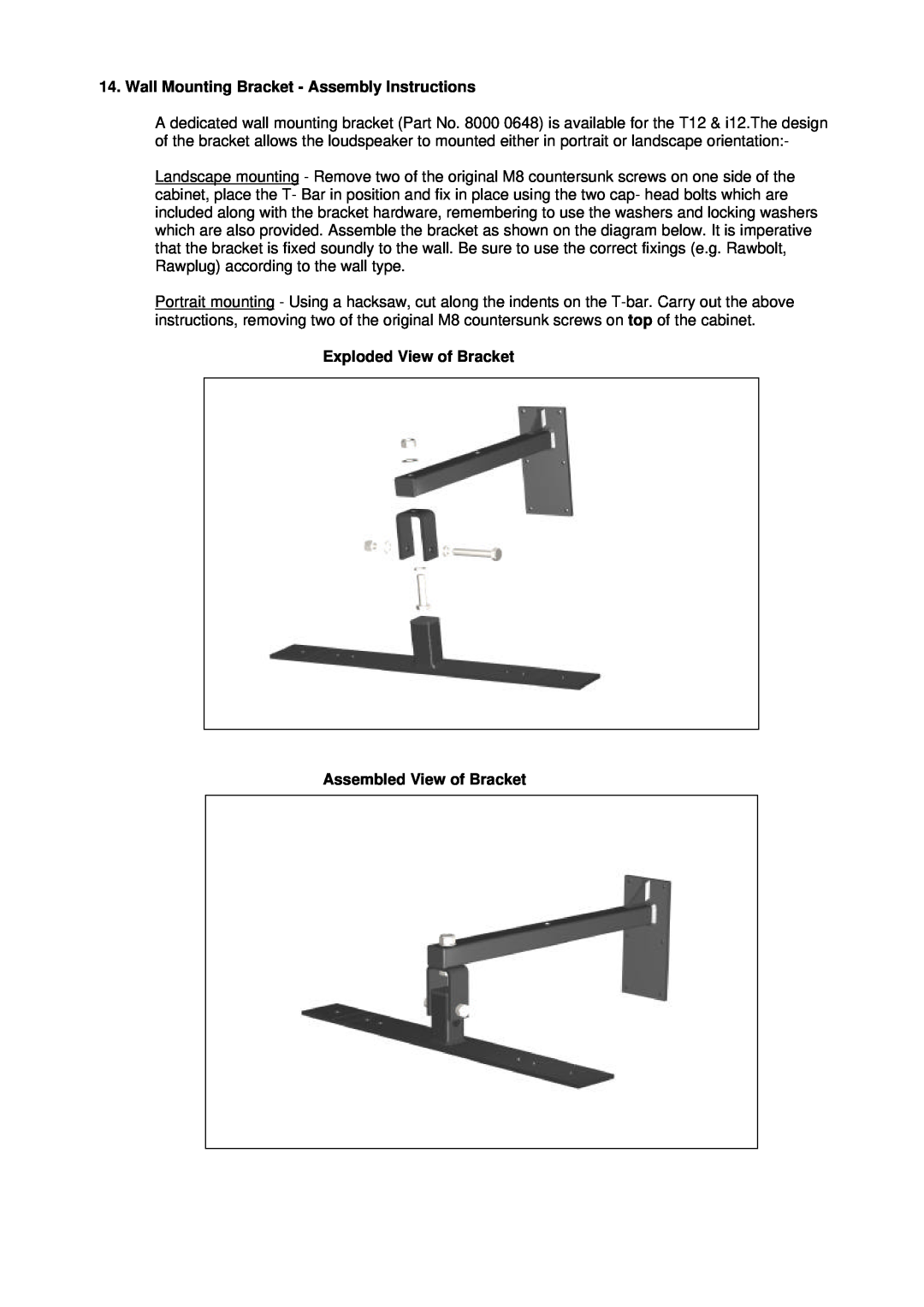 TOA Electronics T12 Wall Mounting Bracket - Assembly Instructions, Exploded View of Bracket, Assembled View of Bracket 