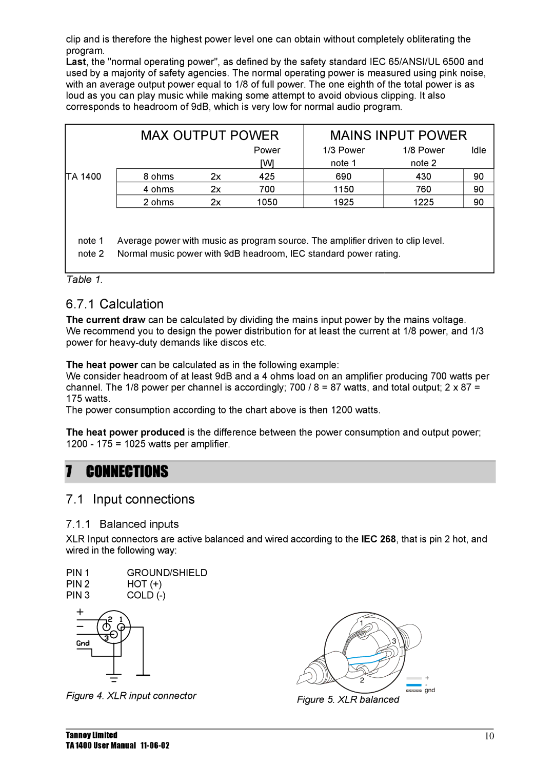 TOA Electronics TA 1400 user manual Connections, Calculation, Input connections, Balanced inputs 