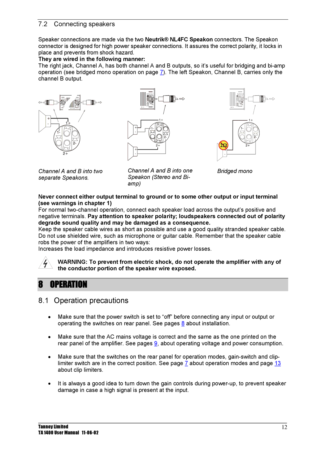 TOA Electronics TA 1400 user manual Operation precautions, Connecting speakers, They are wired in the following manner 