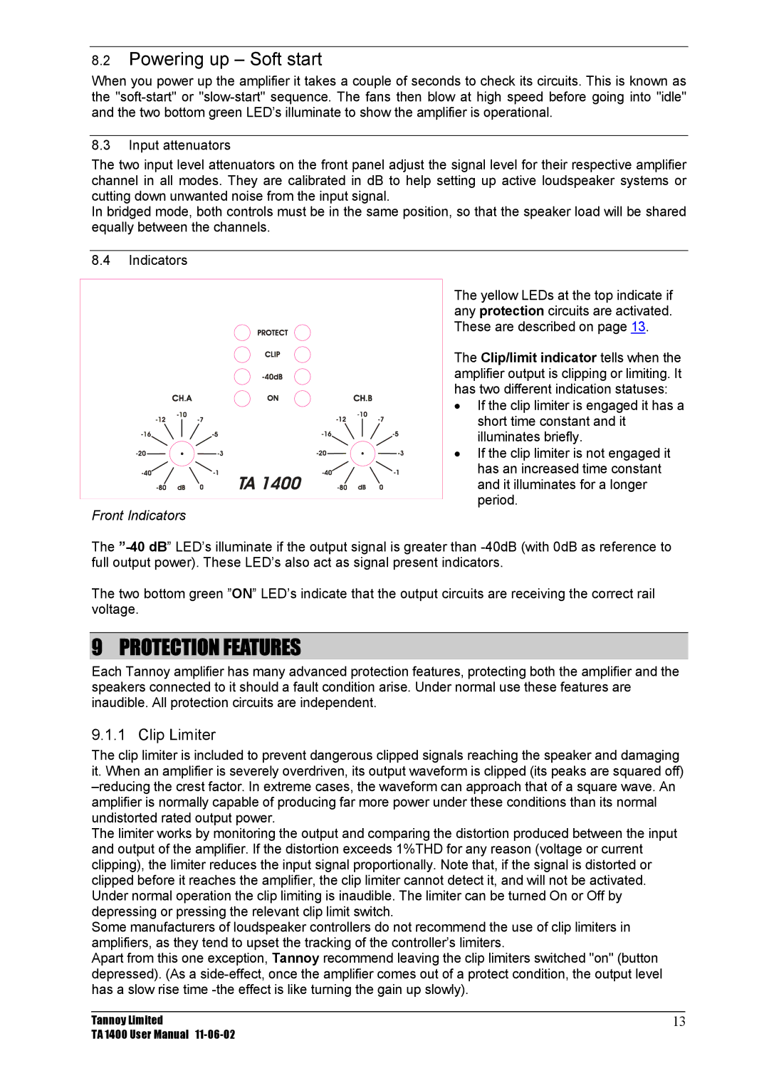 TOA Electronics TA 1400 user manual Protection Features, Powering up Soft start, Clip Limiter 