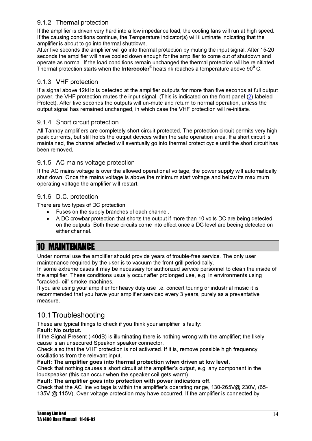 TOA Electronics TA 1400 user manual Maintenance, Troubleshooting 