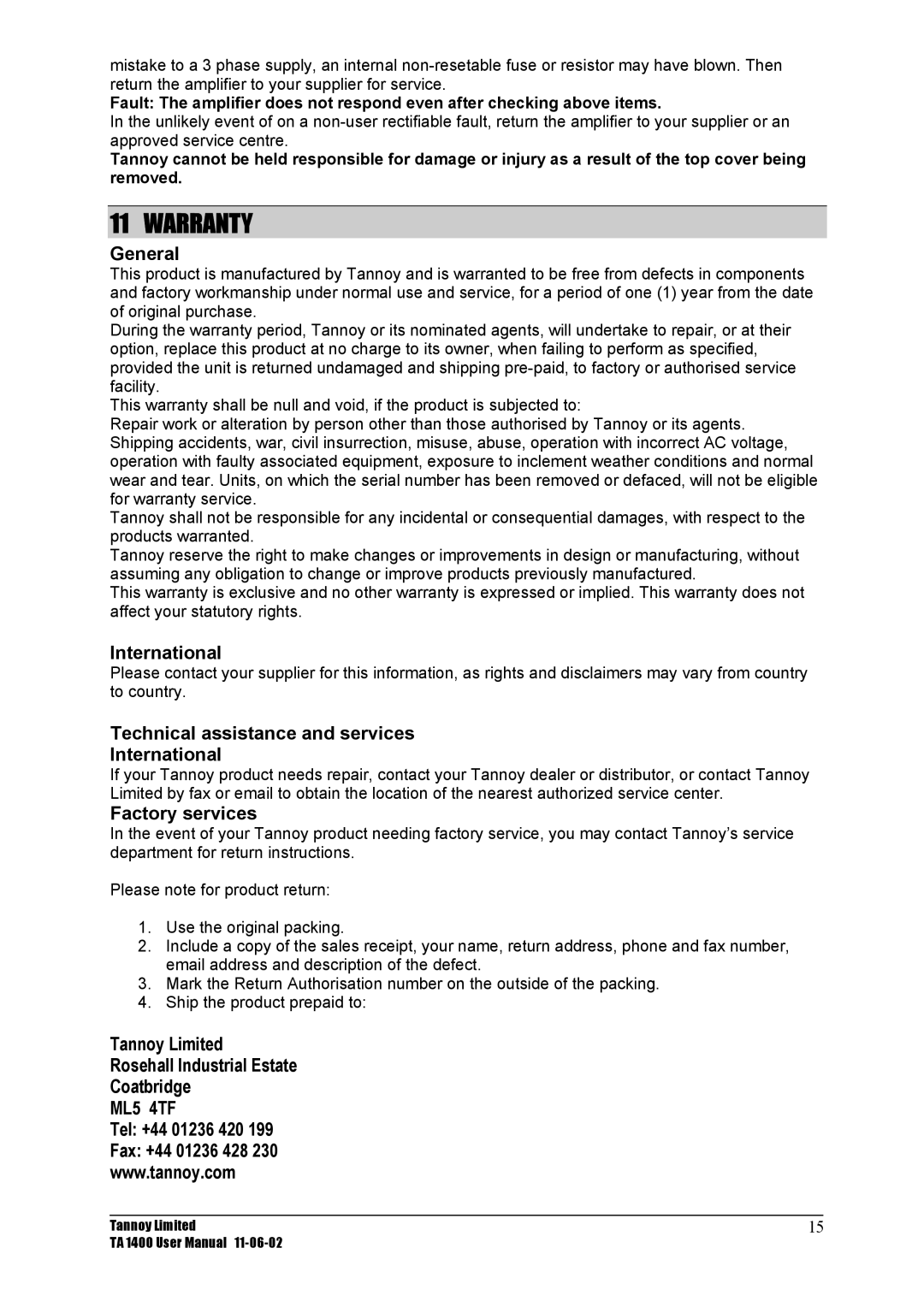 TOA Electronics TA 1400 user manual Warranty, General 