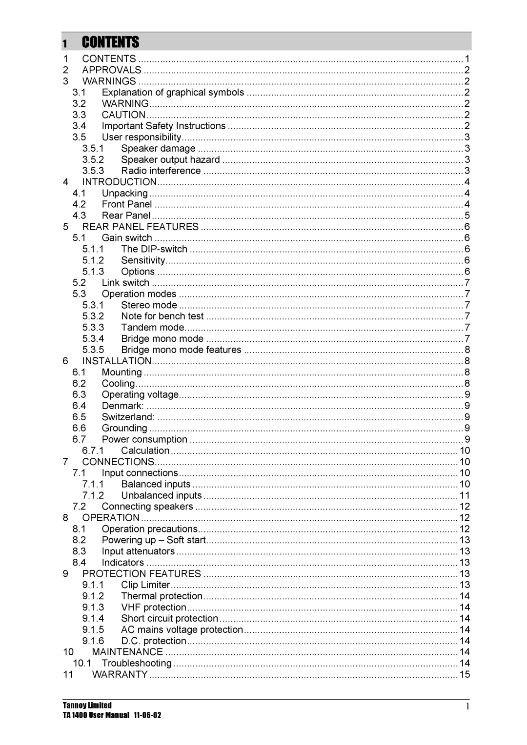 TOA Electronics TA 1400 user manual Contents 