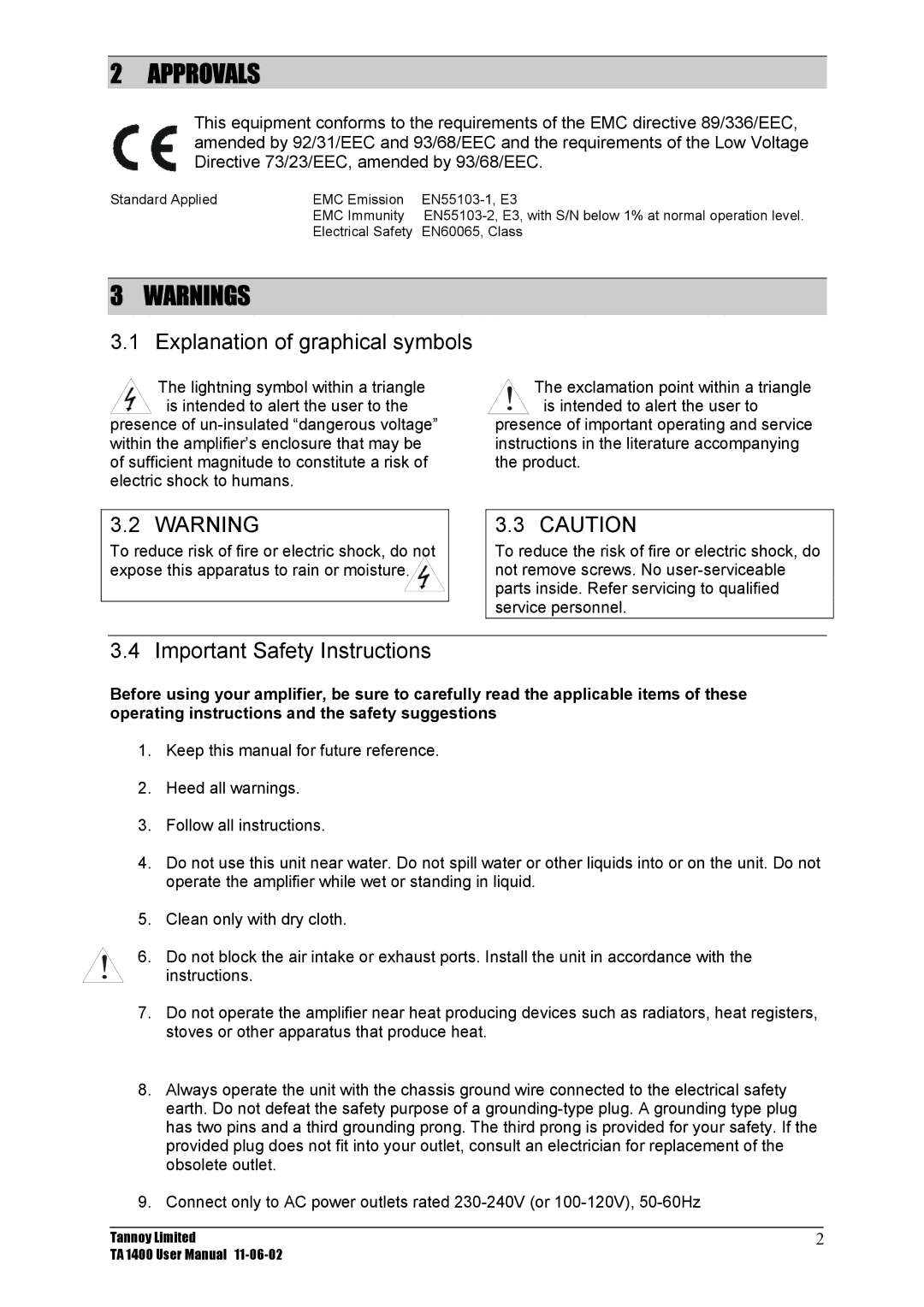 TOA Electronics TA 1400 user manual Approvals, Explanation of graphical symbols, Important Safety Instructions 