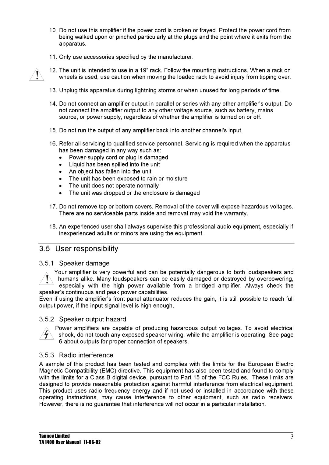 TOA Electronics TA 1400 user manual User responsibility, Speaker damage, Speaker output hazard, Radio interference 