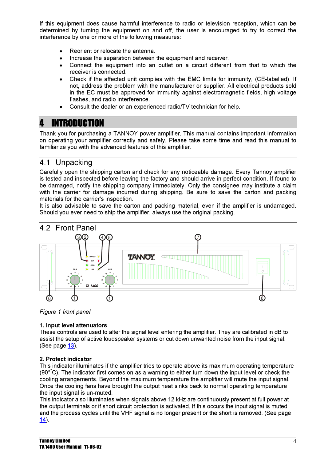 TOA Electronics TA 1400 user manual Introduction, Unpacking, Front Panel, Input level attenuators, Protect indicator 