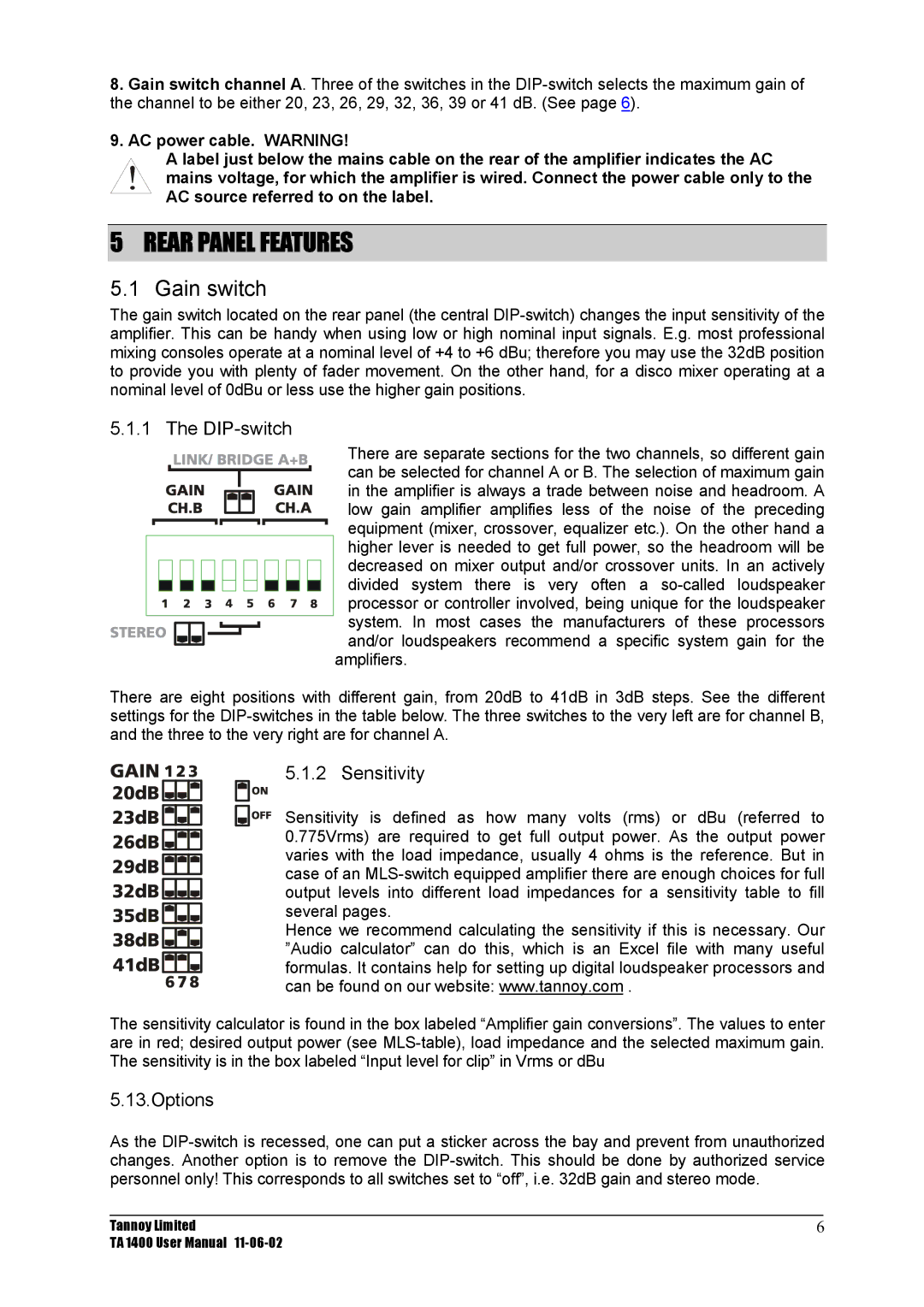 TOA Electronics TA 1400 user manual Rear Panel Features, Gain switch, DIP-switch, Sensitivity, Options 