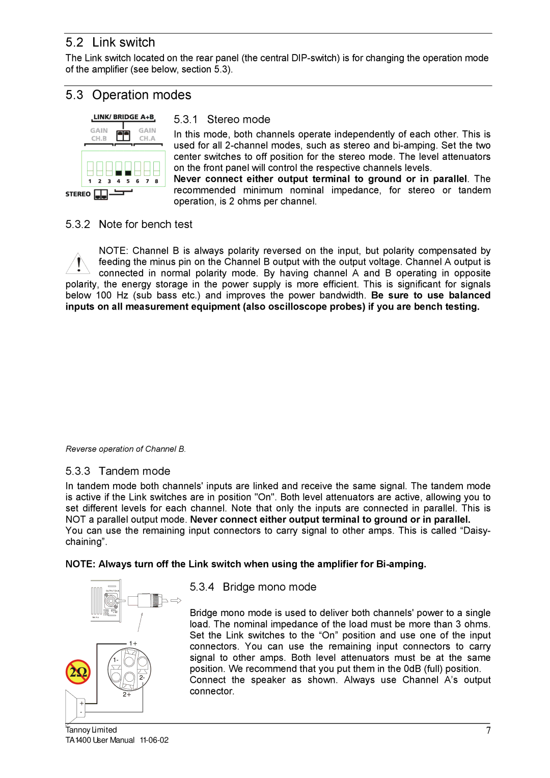 TOA Electronics TA 1400 user manual Link switch, Operation modes, Stereo mode, Tandem mode, Bridge mono mode 