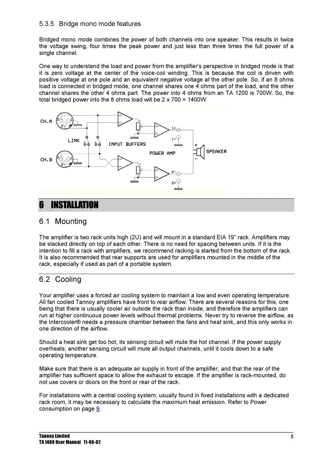 TOA Electronics TA 1400 user manual Installation, Mounting, Cooling, Bridge mono mode features 