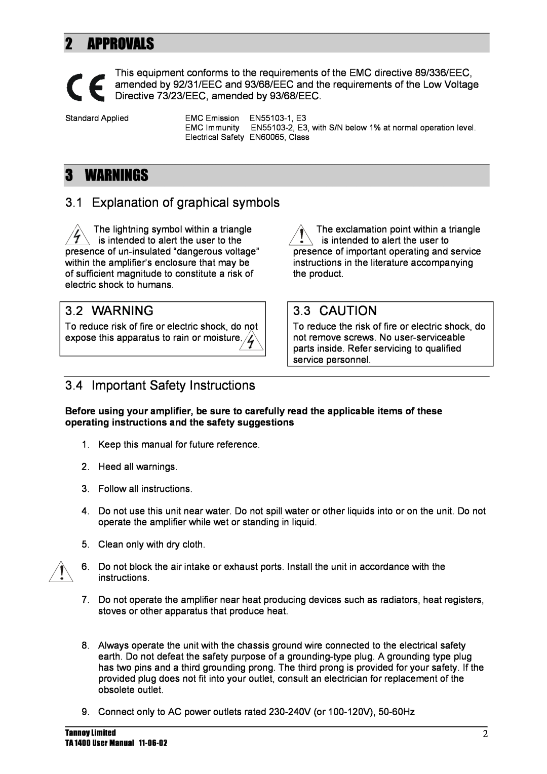 TOA Electronics TA 1400 user manual Approvals, Warnings, Explanation of graphical symbols, Important Safety Instructions 