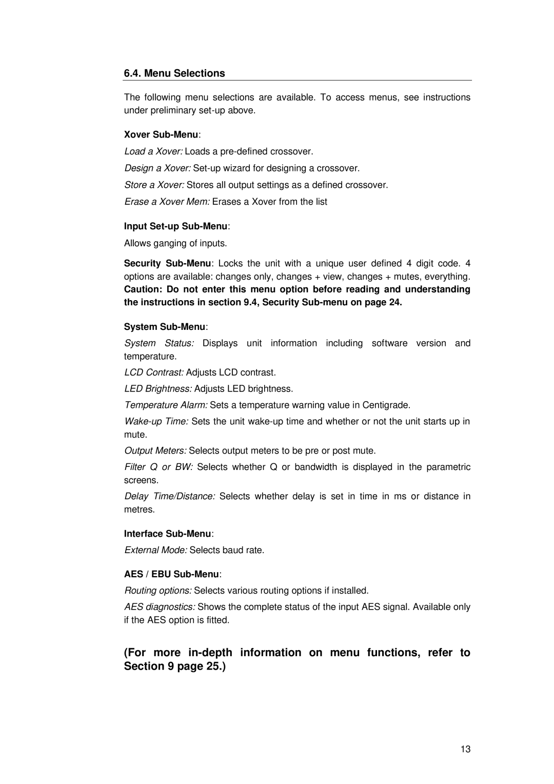 TOA Electronics TDX2 user manual Menu Selections 