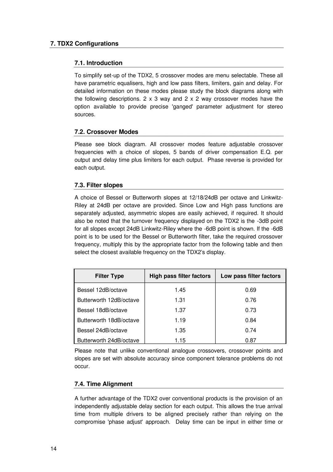 TOA Electronics user manual TDX2 Configurations Introduction, Crossover Modes, Filter slopes, Time Alignment 