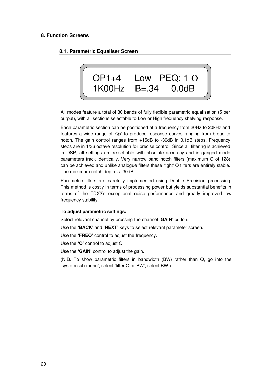 TOA Electronics TDX2 user manual Function Screens Parametric Equaliser Screen, To adjust parametric settings 