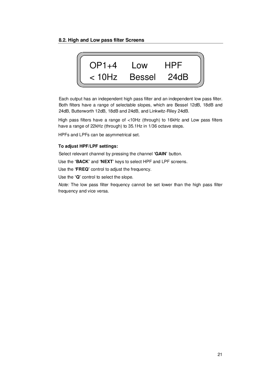 TOA Electronics TDX2 user manual High and Low pass filter Screens, To adjust HPF/LPF settings 