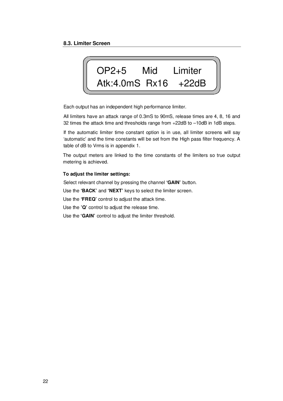 TOA Electronics TDX2 user manual Limiter Screen, To adjust the limiter settings 