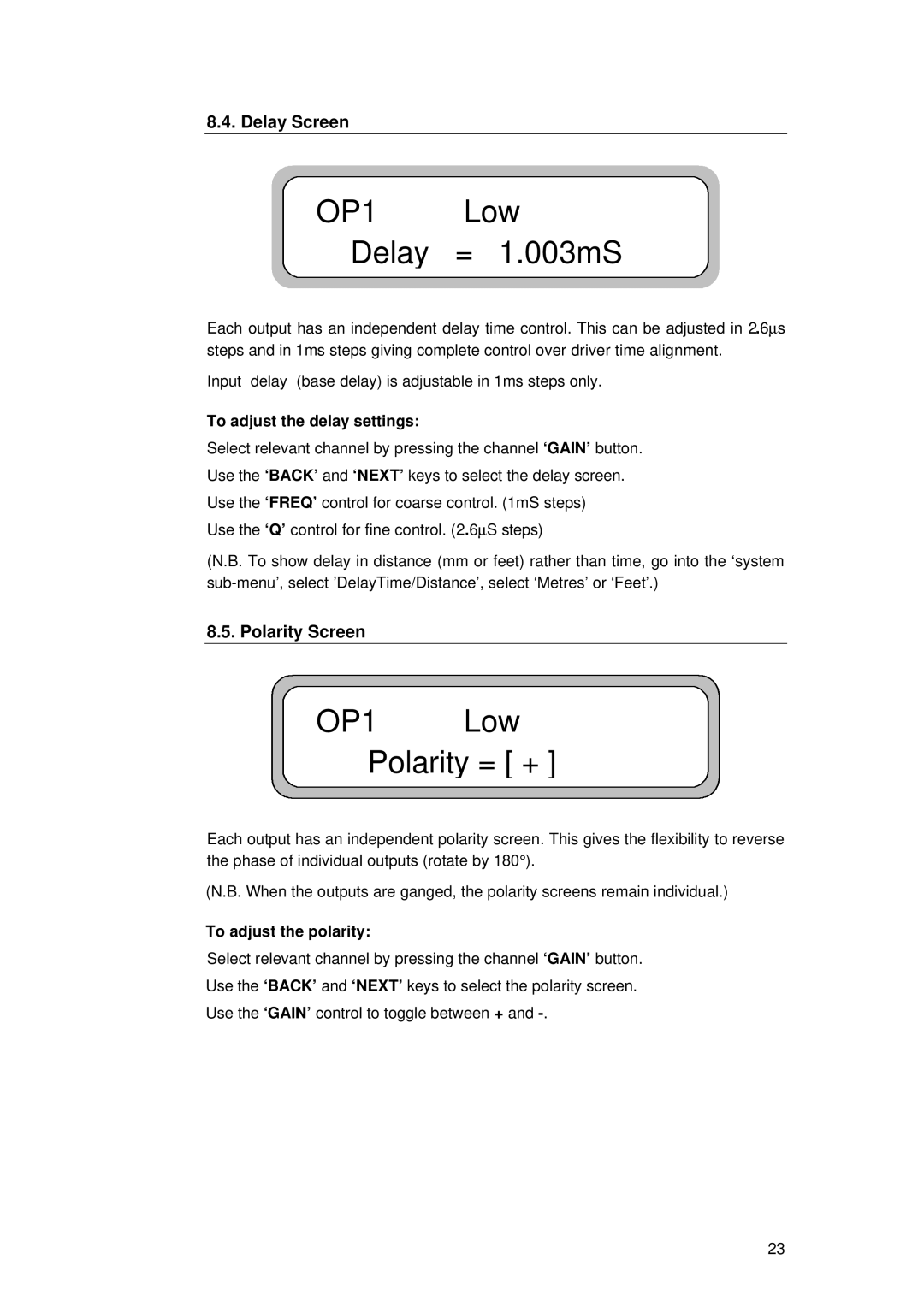 TOA Electronics TDX2 user manual Delay Screen, Polarity Screen, To adjust the delay settings, To adjust the polarity 