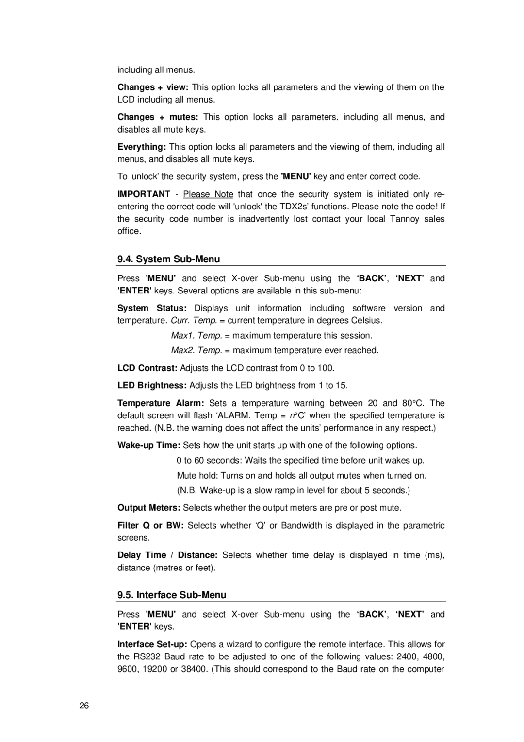 TOA Electronics TDX2 user manual System Sub-Menu, Interface Sub-Menu, Enter keys 