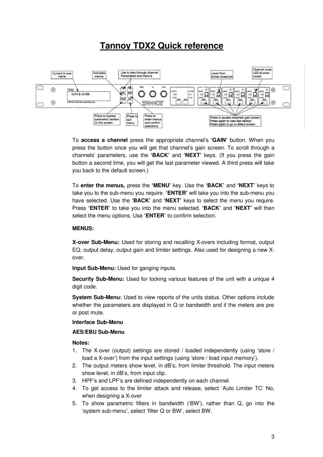 TOA Electronics user manual Tannoy TDX2 Quick reference, Interface Sub-Menu AES/EBU Sub-Menu 