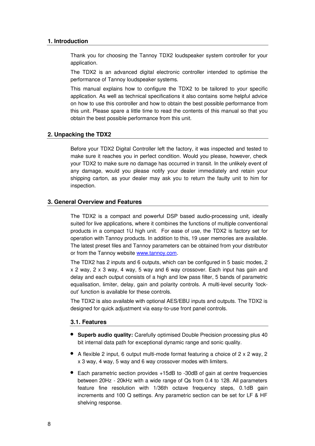 TOA Electronics user manual Introduction, Unpacking the TDX2, General Overview and Features 