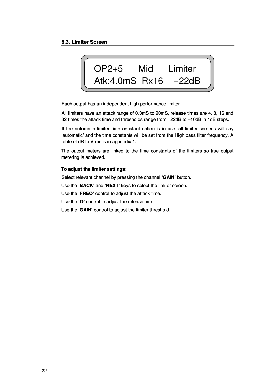 TOA Electronics TDX2 user manual OP2+5 Mid Limiter Atk4.0mS Rx16 +22dB, Limiter Screen 
