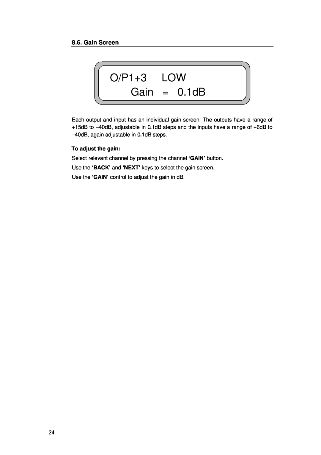 TOA Electronics TDX2 user manual O/P1+3 LOW Gain = 0.1dB, Gain Screen 