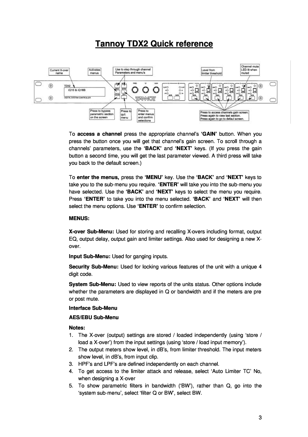 TOA Electronics user manual Tannoy TDX2 Quick reference, Menus, Interface Sub-Menu AES/EBU Sub-Menu 