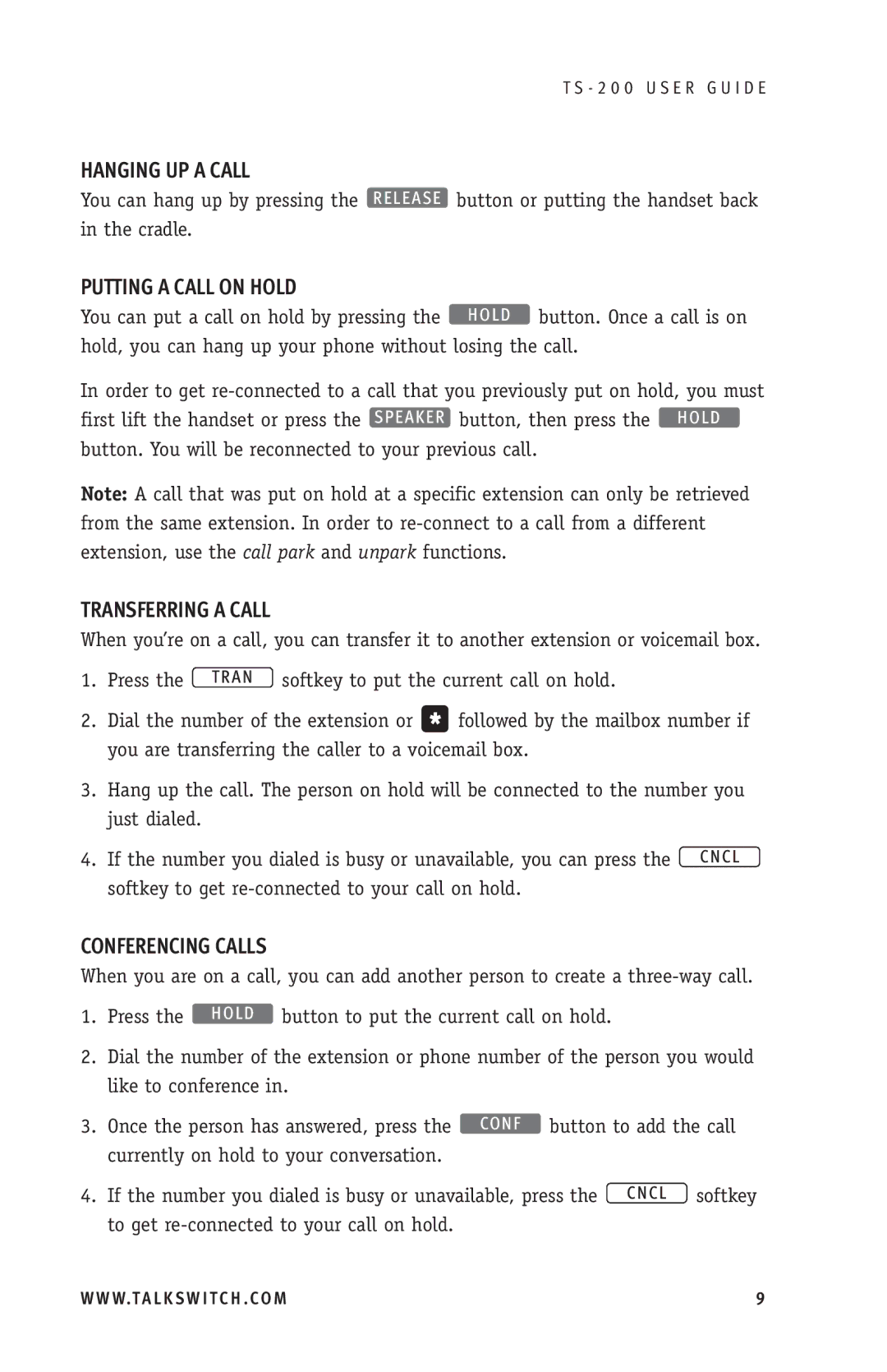 TOA Electronics TS-200 manual Hanging UP a Call, Putting a Call on Hold, Transferring a Call, Conferencing Calls 