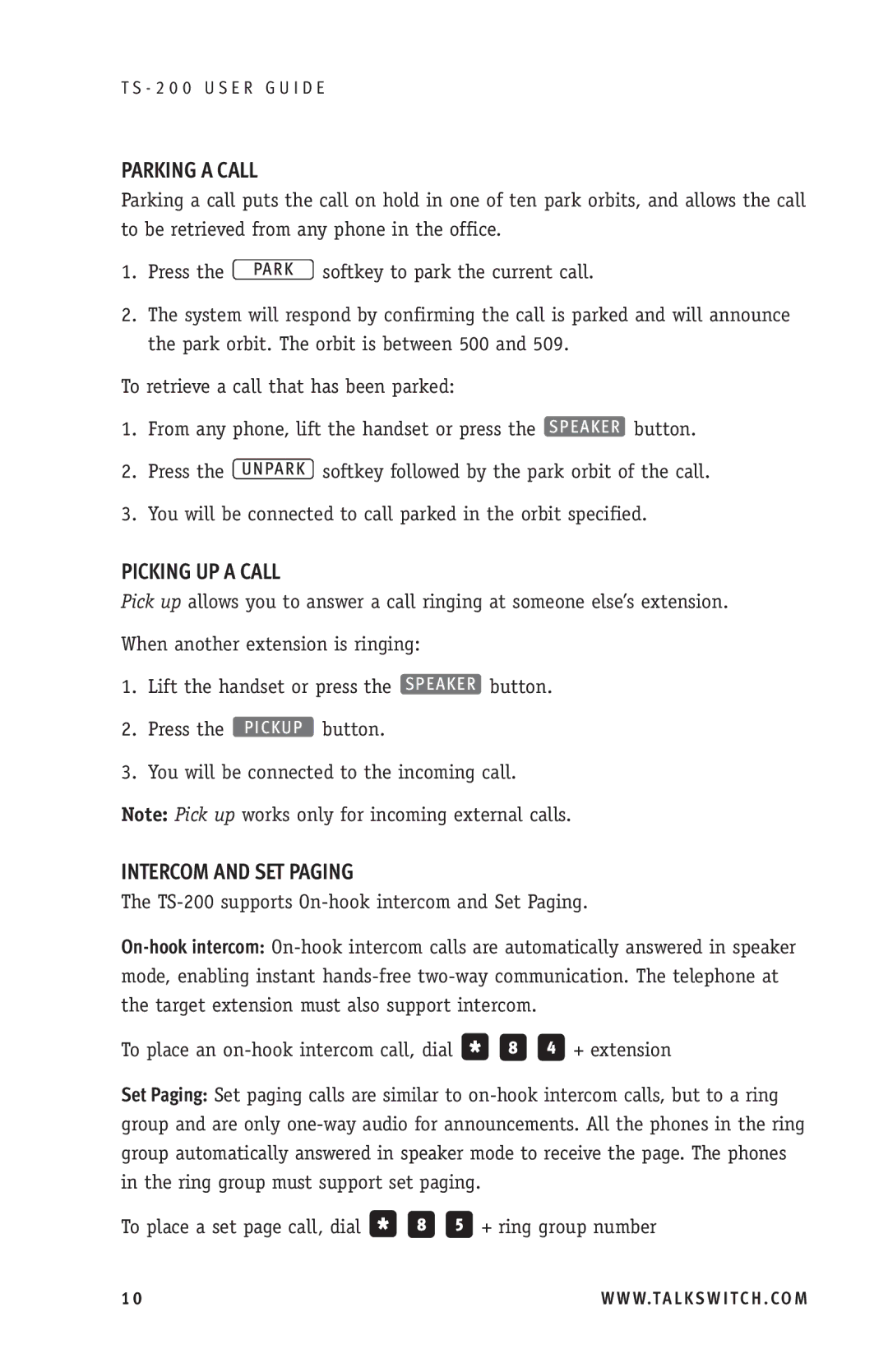 TOA Electronics TS-200 manual Parking a Call, Picking UP a Call, Intercom and SET Paging 
