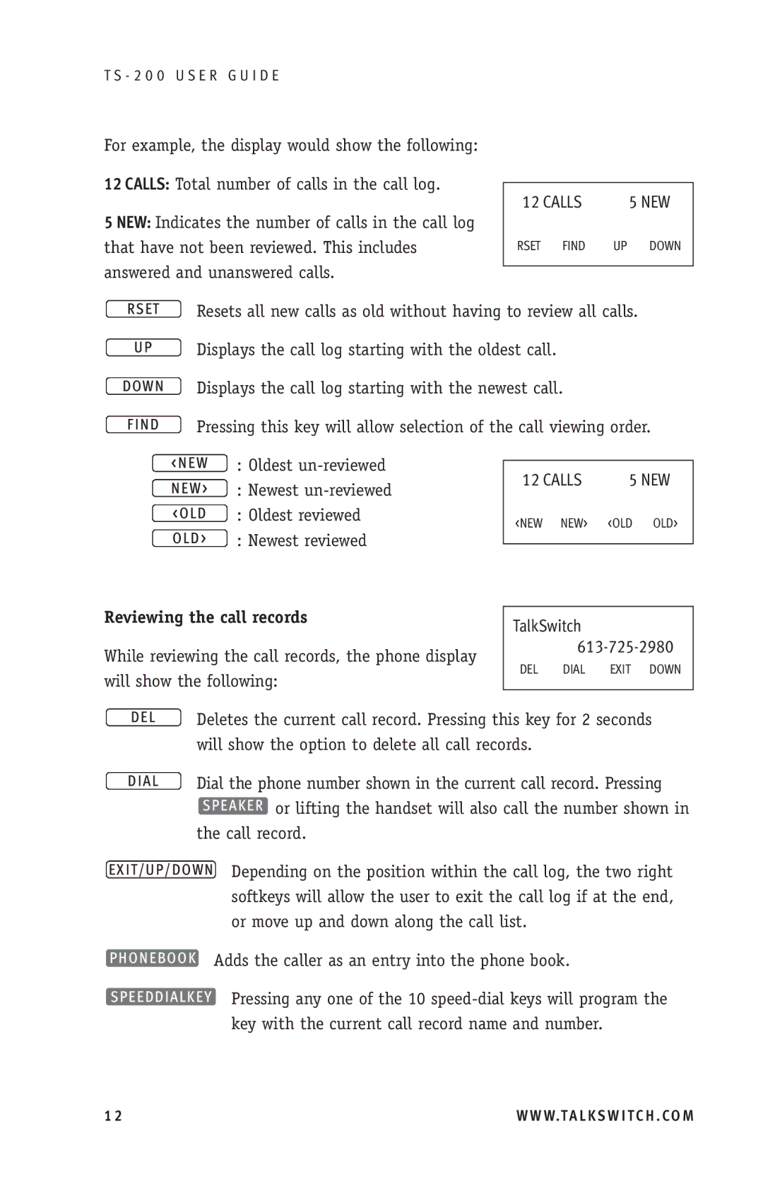 TOA Electronics TS-200 manual Reviewing the call records 