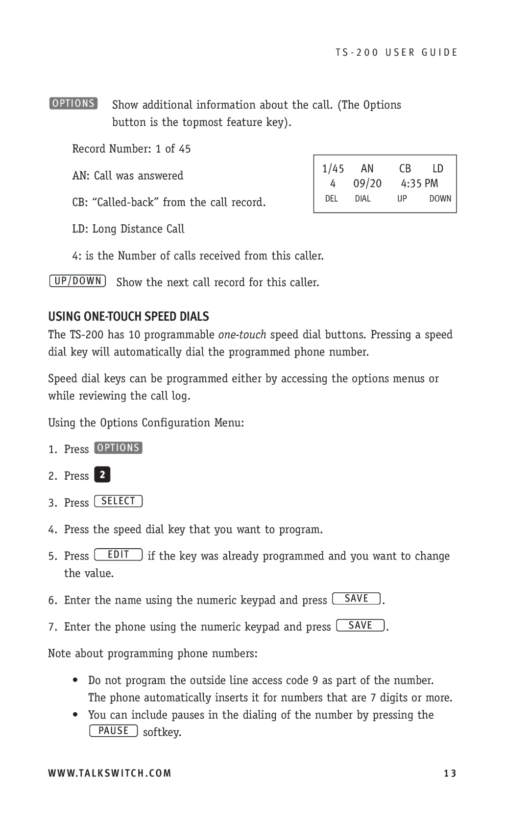 TOA Electronics TS-200 manual Using ONE-TOUCH Speed Dials, 09/20 435 PM 