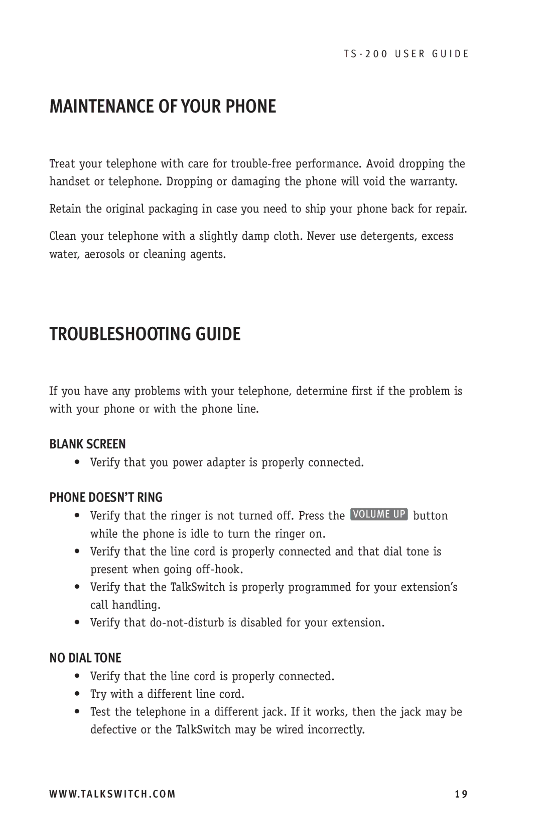 TOA Electronics TS-200 Maintenance of Your Phone, Troubleshooting Guide, Blank Screen, Phone DOESN’T Ring, No Dial Tone 