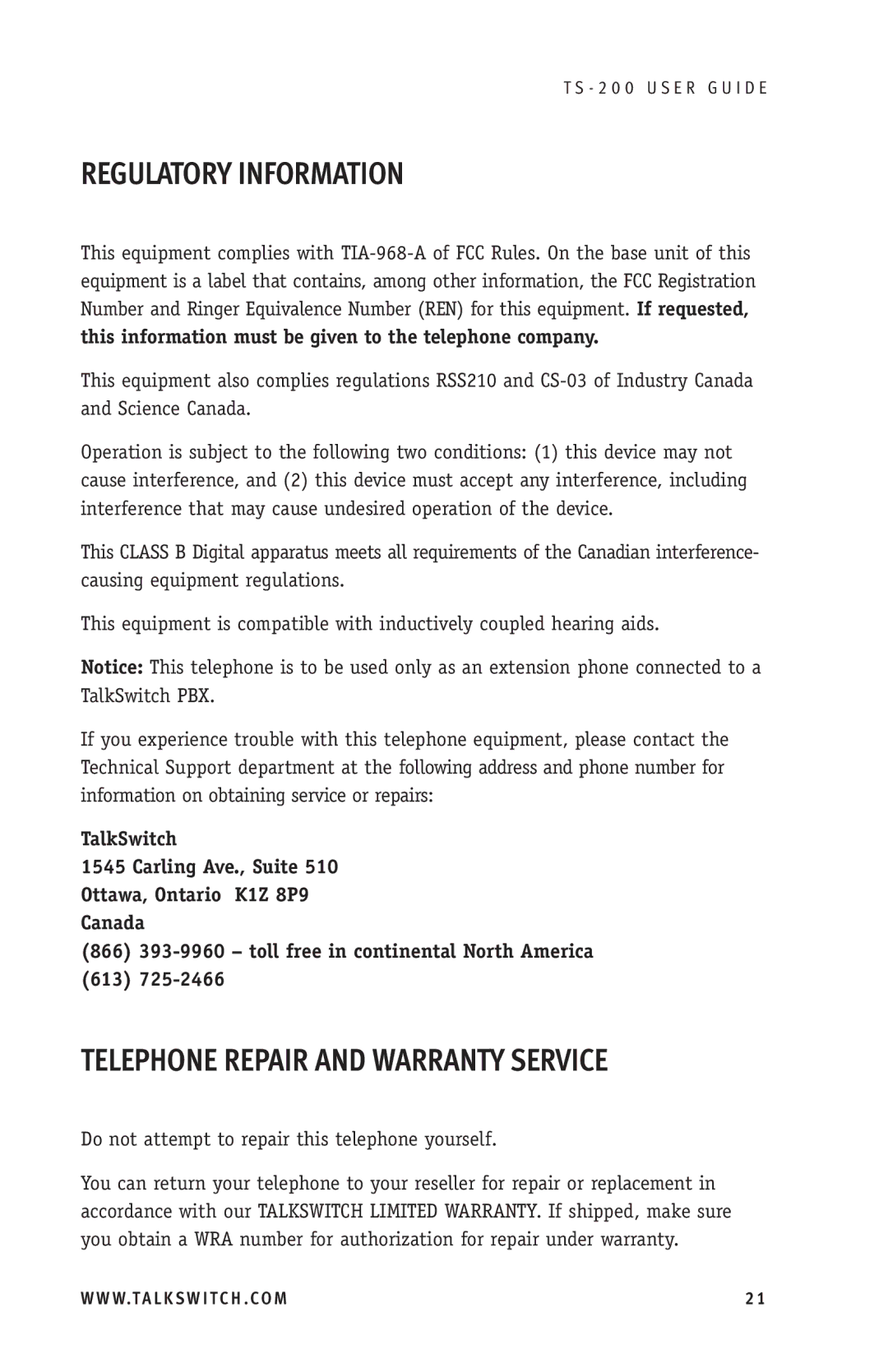 TOA Electronics TS-200 manual Regulatory Information, Telephone Repair and Warranty Service 