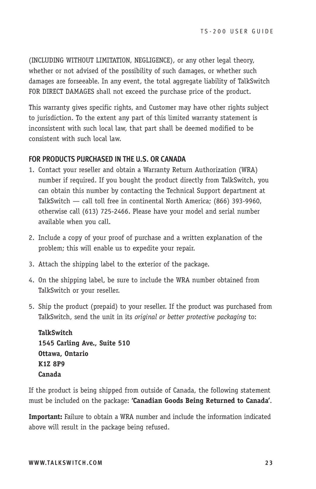 TOA Electronics TS-200 manual For Products Purchased in the U.S. or Canada 