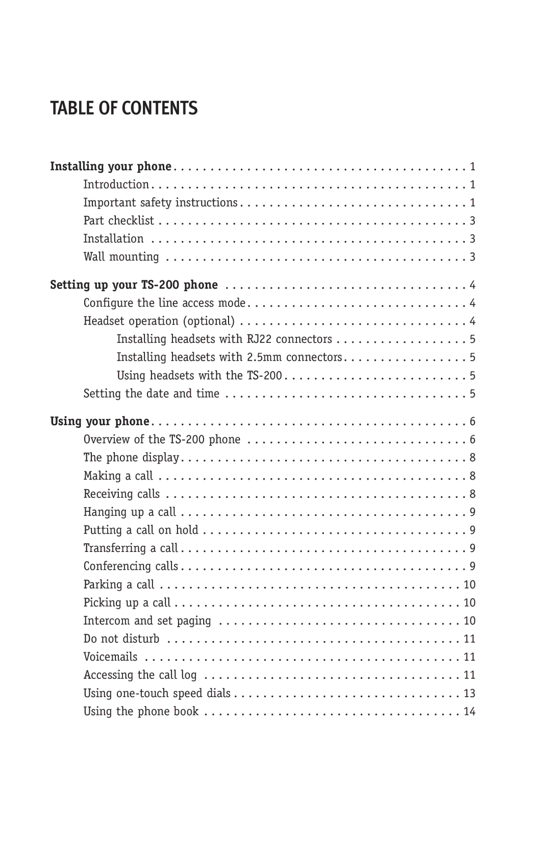 TOA Electronics TS-200 manual Table of Contents 