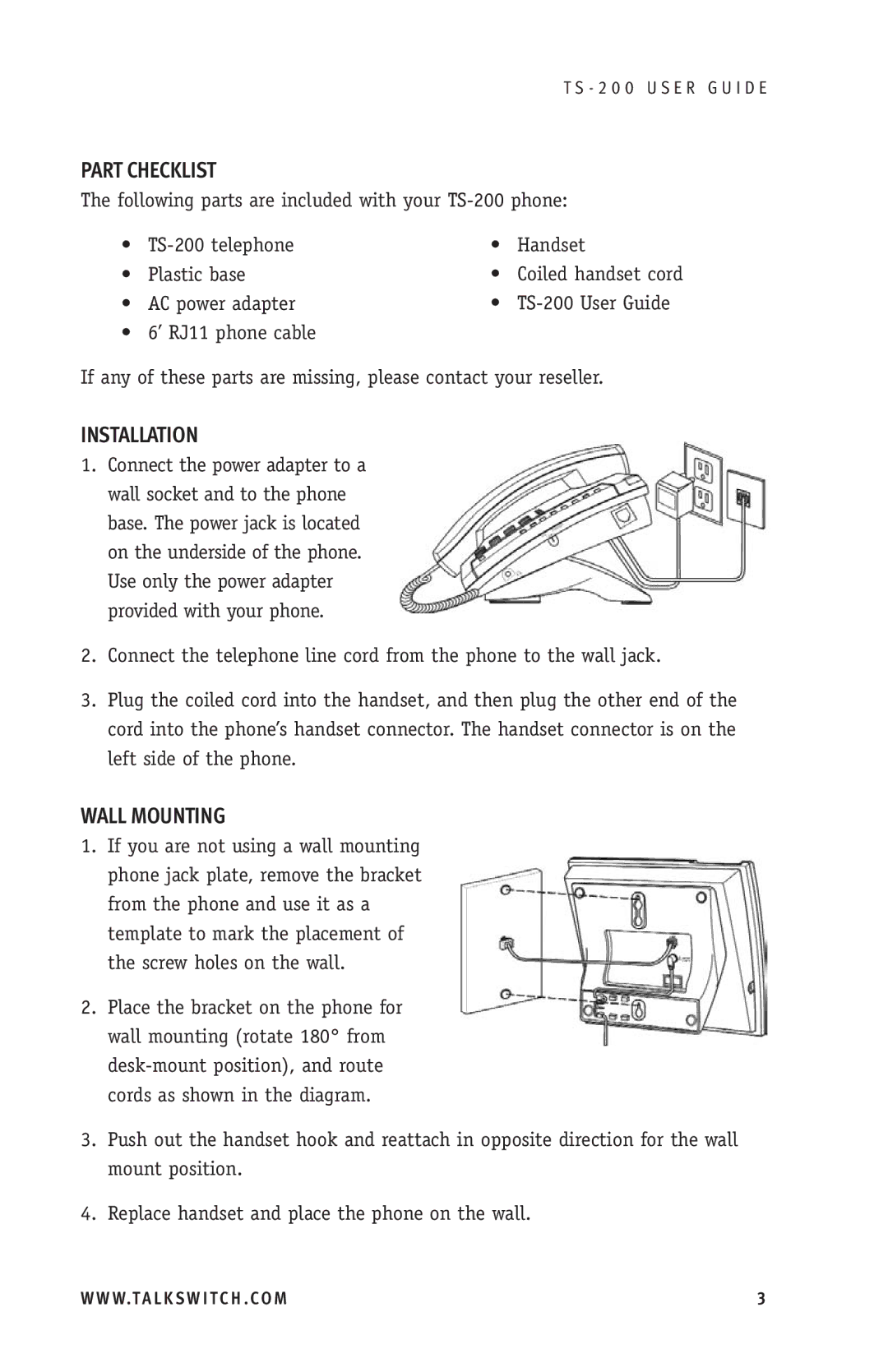 TOA Electronics TS-200 manual Part Checklist, Installation, Wall Mounting 