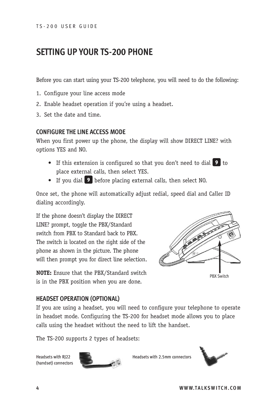 TOA Electronics manual Setting UP Your TS-200 Phone, Configure the Line Access Mode, Headset Operation Optional 