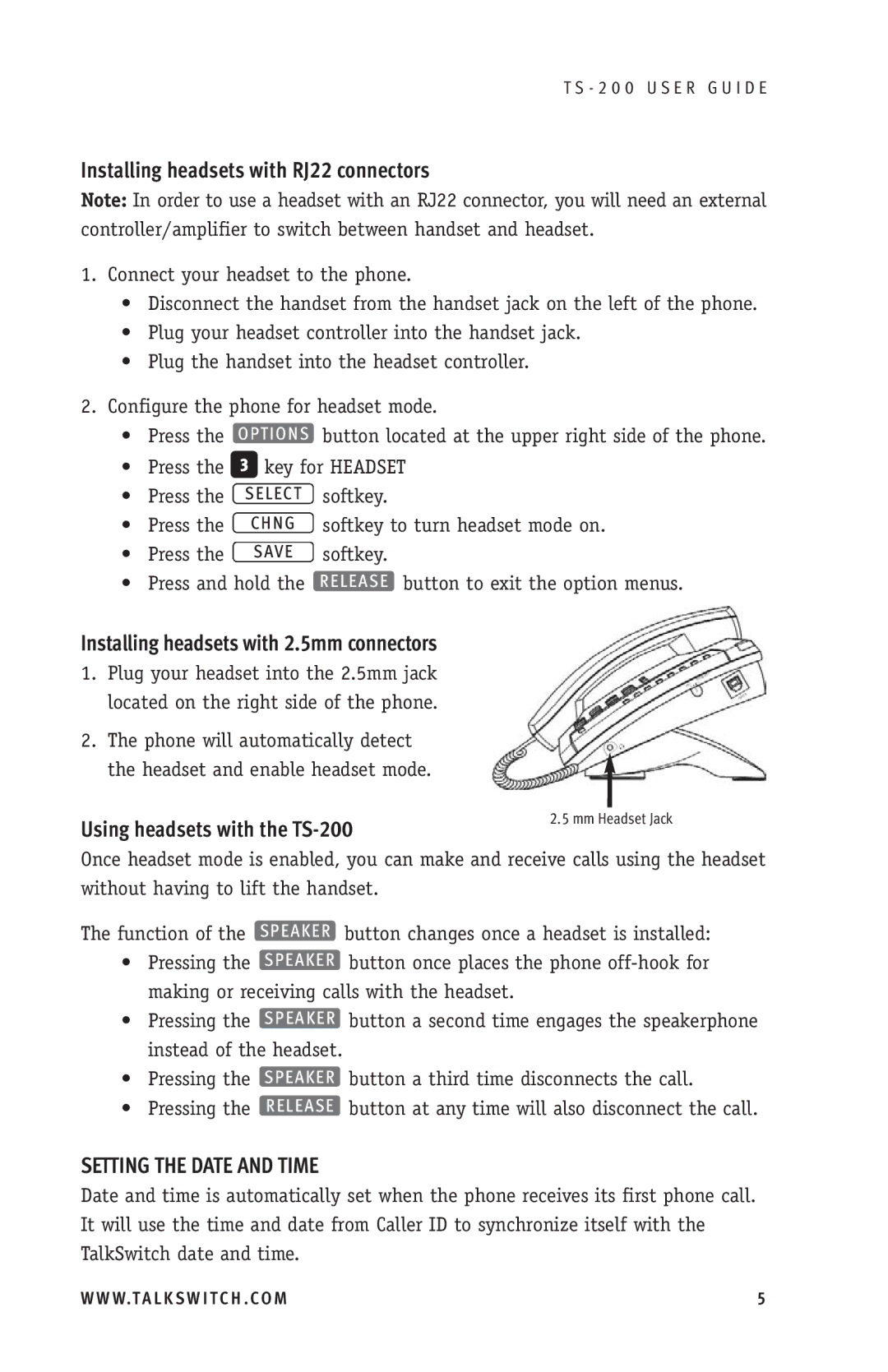 TOA Electronics TS-200 manual Installing headsets with RJ22 connectors, Setting the Date and Time 