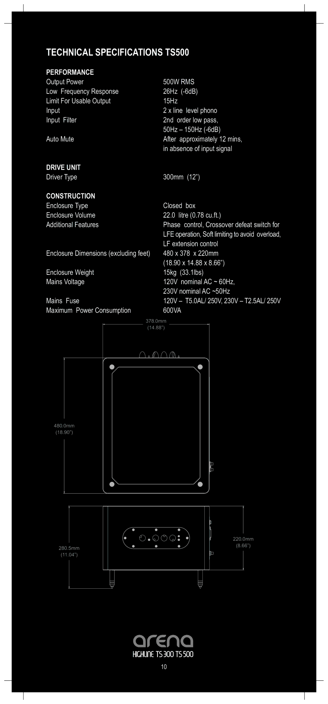 TOA Electronics TS300 owner manual Technical Specifications TS500 