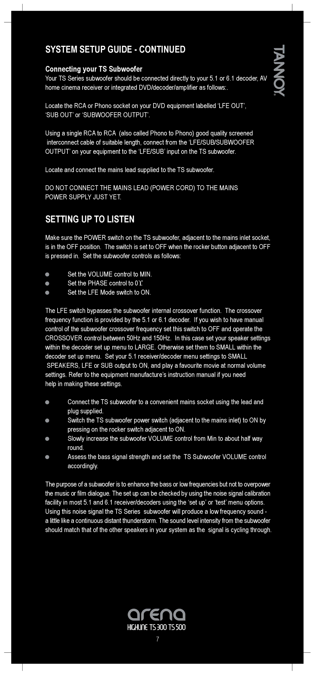 TOA Electronics TS300 owner manual Setting UP to Listen, Connecting your TS Subwoofer 